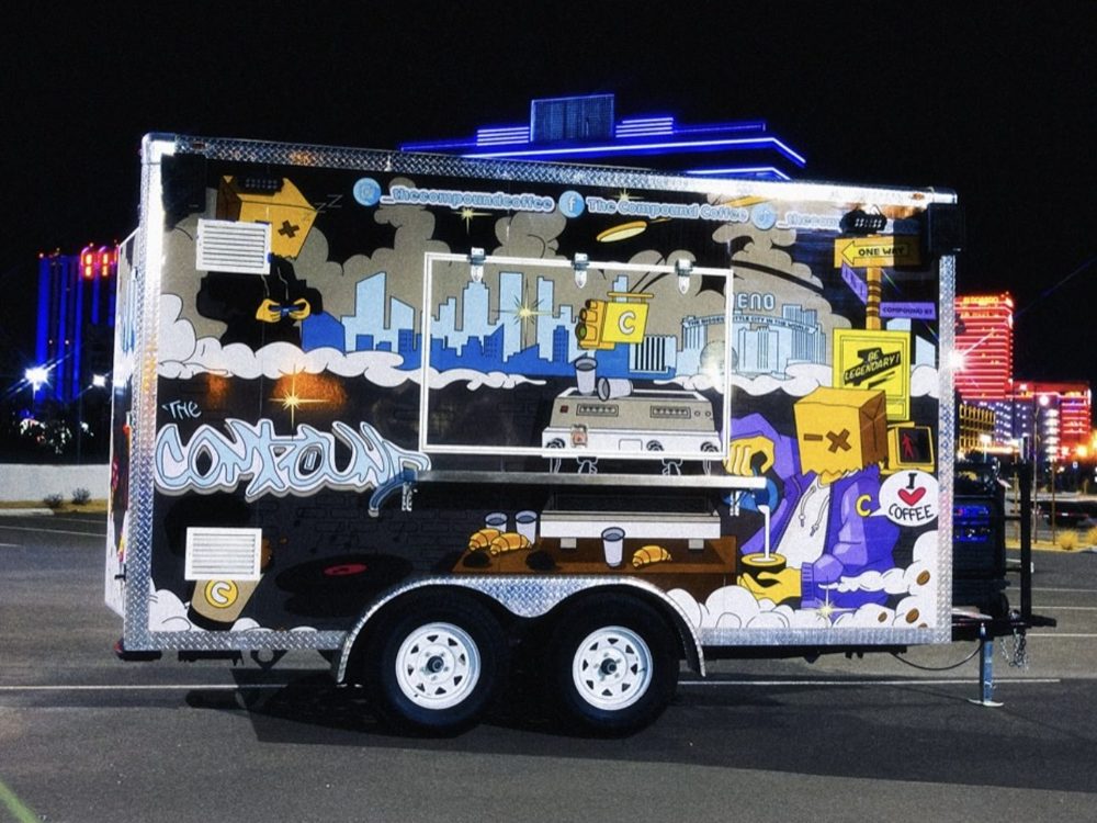 The Compound Coffee mobile truck, graffiti-wrapped with a Reno skyline mural